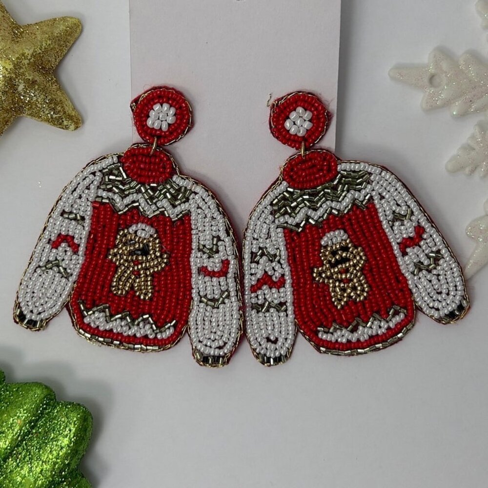 Handmade Beaded Earring, Ugly Sweater Red & White